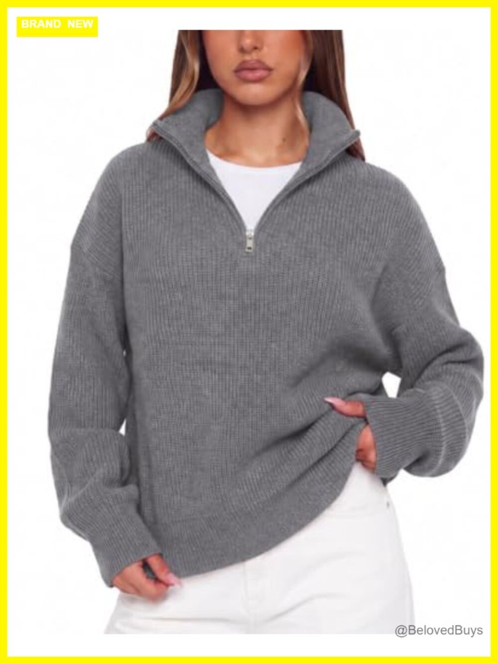 Cashmere Blend Quarter Zip Oversized Sweater Mock Neck Pullover